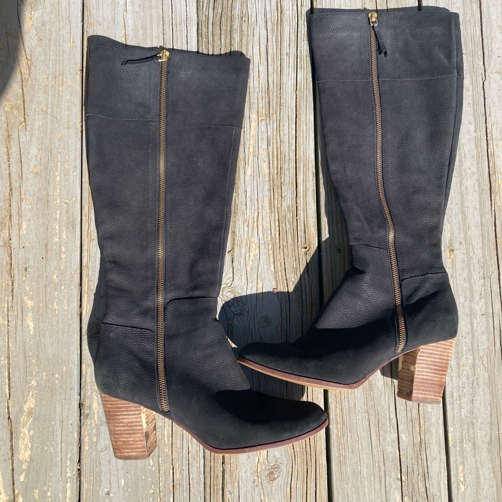 Cole Haan Davenport Tall Black Pebbled Nubuck Leather Stacked Block Heel Boots